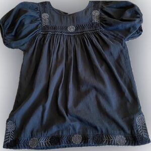 Linen Short Sleeve Peasant Dark Blue Top Embroidered Flowers Size Large